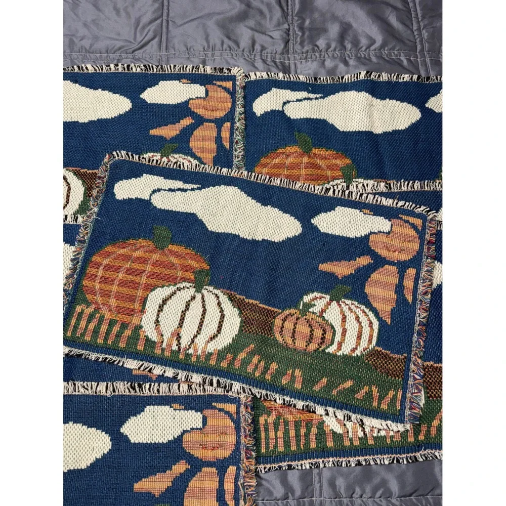 Vintage Fall Pumpkin Woven Tapestry Placemats Set of 6 Fringed Autumn Harvest